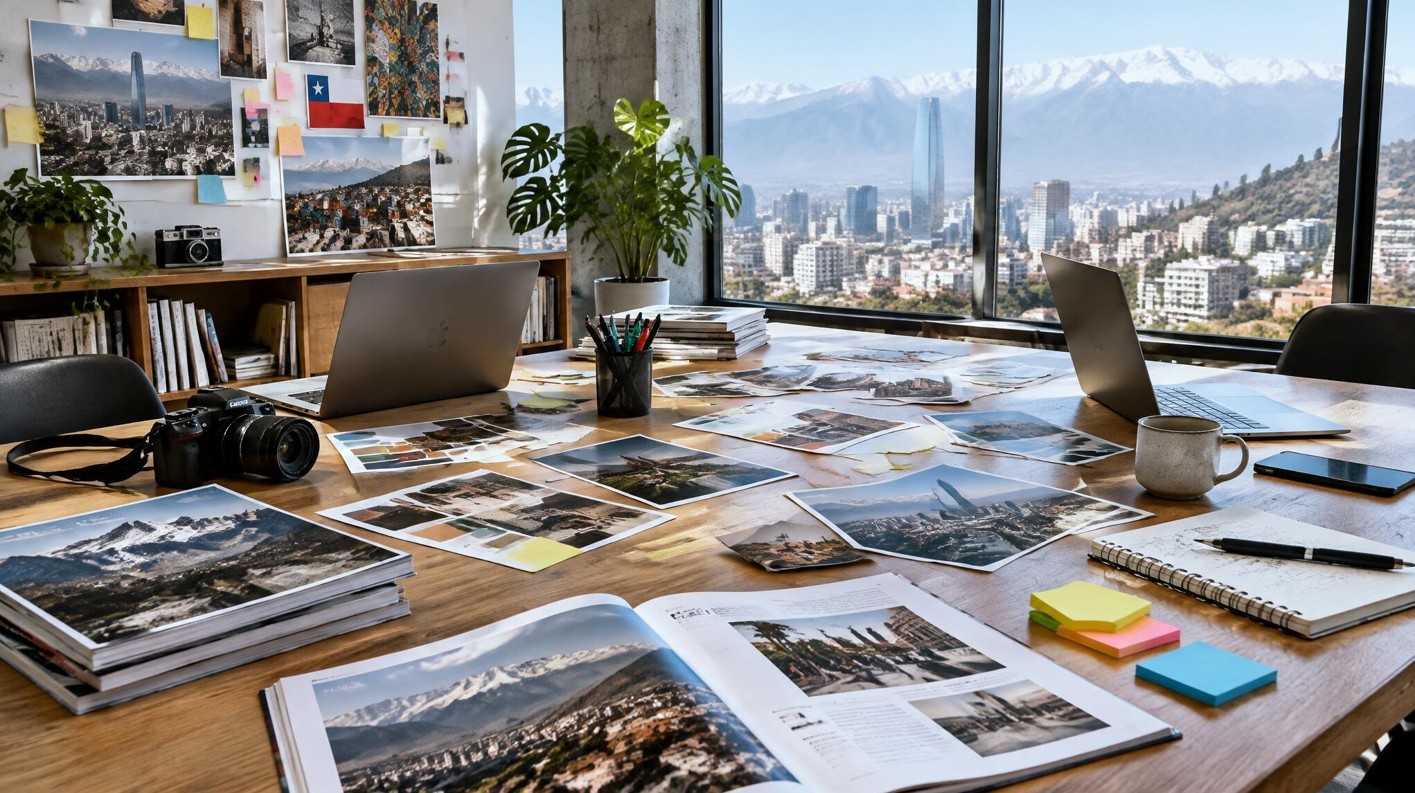 Editorial workspace with magazine layouts and printed photos on a table