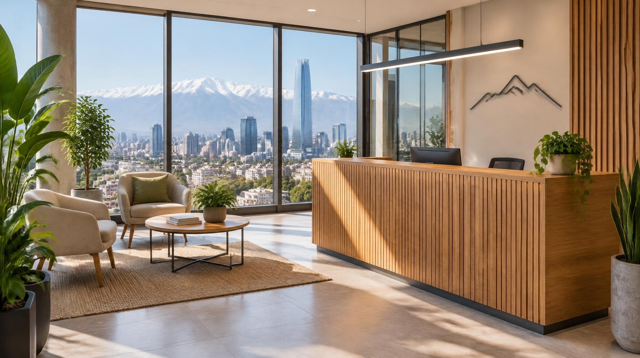 Bright modern office with large windows and wooden desk