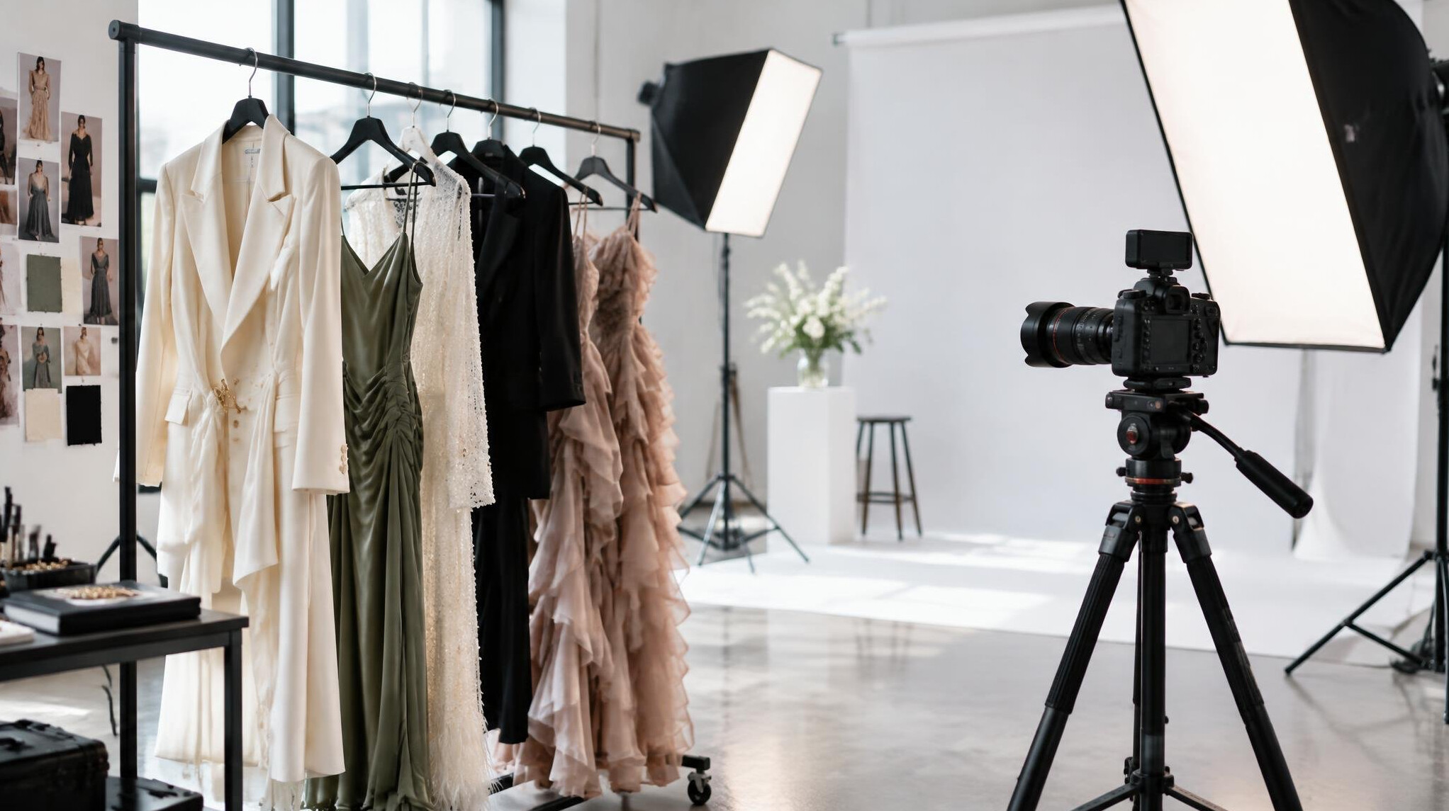 Fashion clothes on a rack in a bright photo studio