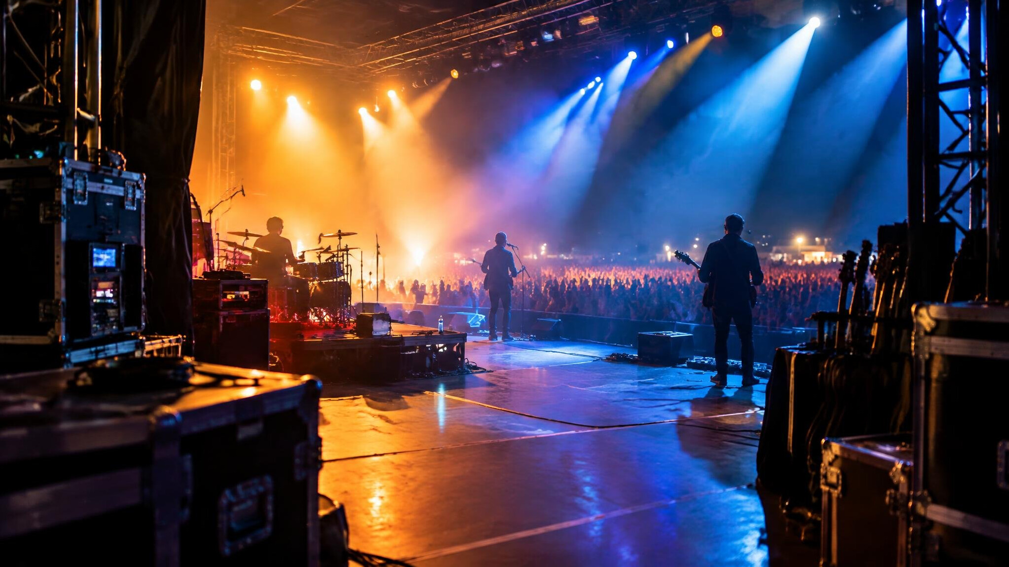 Concert stage with spotlights and silhouettes of the audience