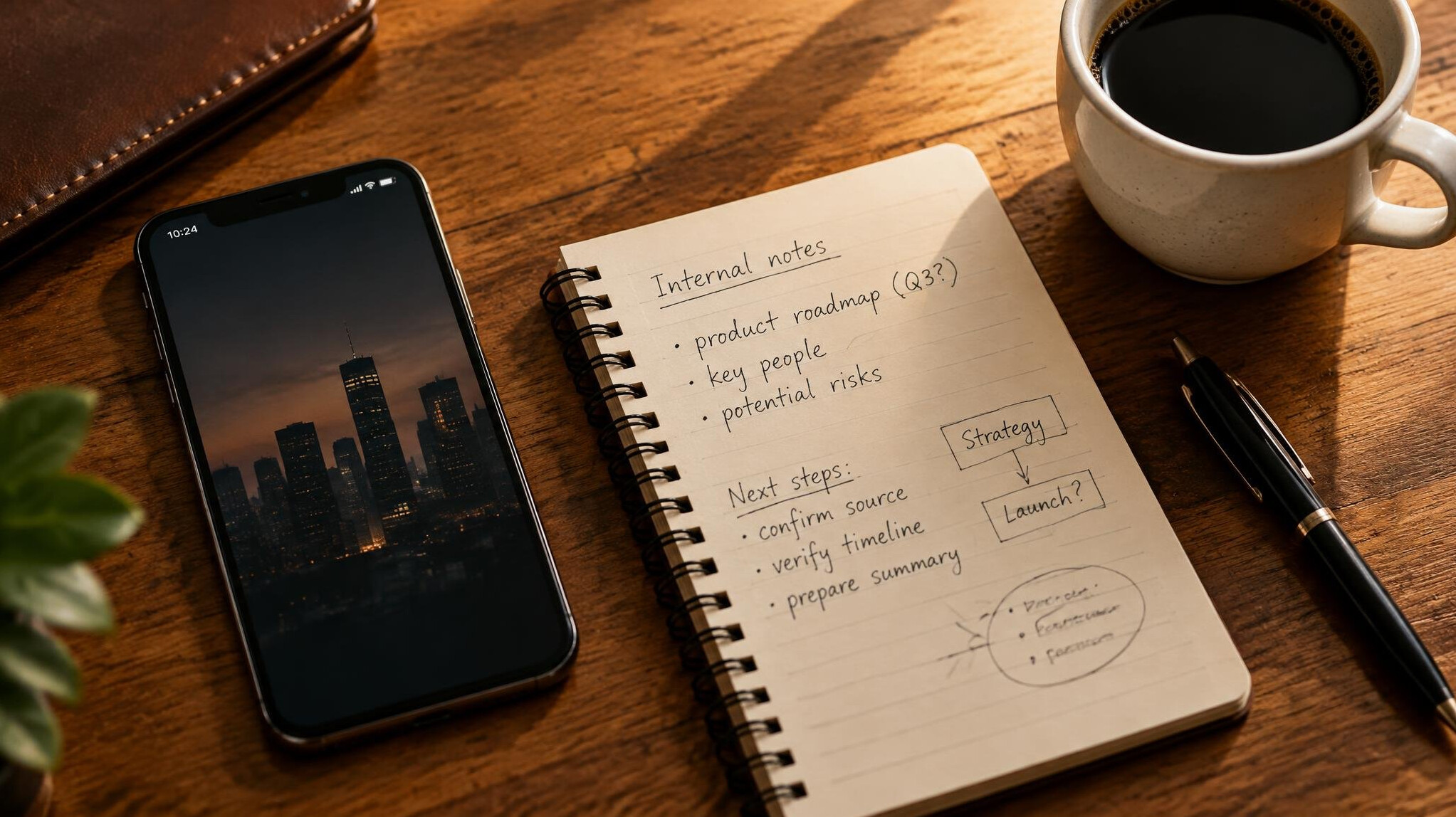 Smartphone and notebook with handwritten notes on a wooden table